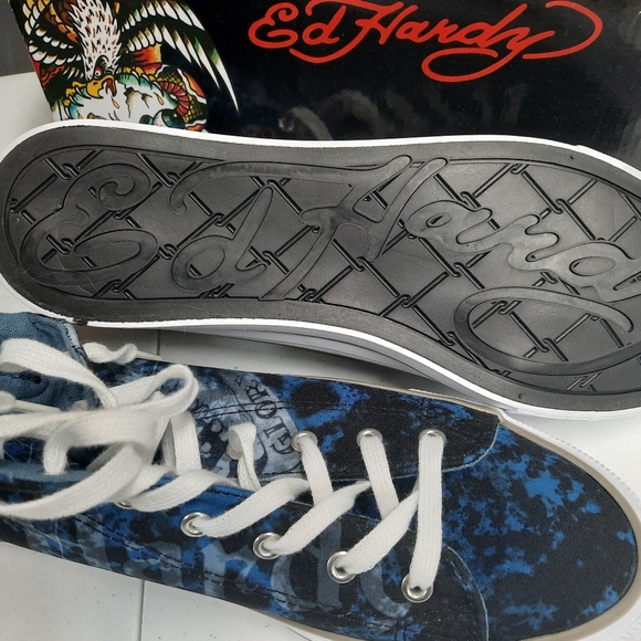 Ed Hardy "Justice" Sneakers Shoes Hi-Top Men's Sz 11 Blue White Art Streetwear - Picture 6 of 8